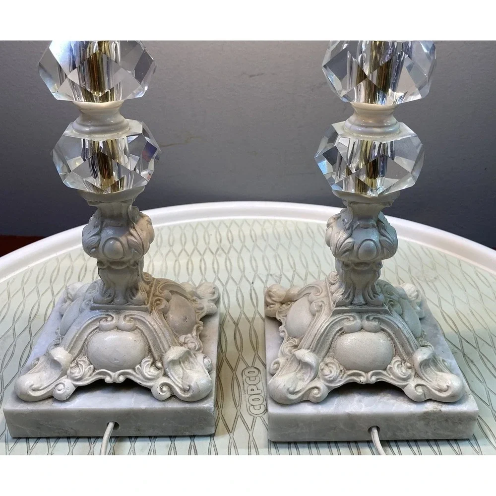 PAIR Vintage Ornate Ivory Cast Metal On Marble Base Working Table Lamps 17